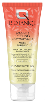 Biotaniqe Peeling Enzymatyczny Micro Purifying w gradientowej tubce (pomarańczowo-żółtej) dla skóry wrażliwej, widok z przodu.