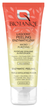 Biotaniqe Peeling Enzymatyczny Micro Purifying w gradientowej tubce (pomarańczowo-żółtej) dla skóry wrażliwej, widok z przodu.