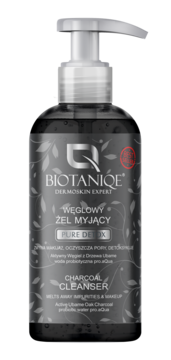Biotaniqe Węglowy Żel Myjący Pure Detox, czarna butelka z pompką, wzór liści, widok z przodu.