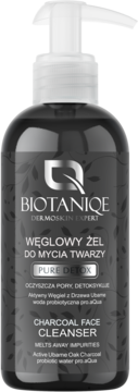 BIOTANIQE Pure Detox Węglowy Żel Myjący do twarzy, czarna butelka z pompką, front, srebrna etykieta.