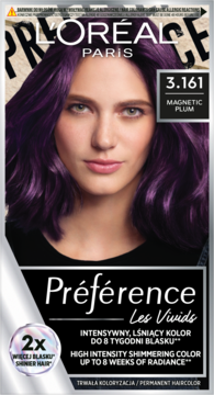 L'Oréal Préférence Les Vivids Magnetic Plum 3.161, trwała farba do włosów. Pudełko z kobietą o intensywnych, fioletowych włosach.