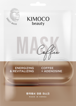 Front of KIMOCO beauty Coffee Sheet Mask, białe opakowanie z brązową grafiką kapsułki, energizująca z adenozyną.