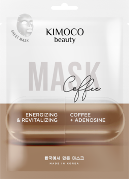Front of KIMOCO beauty Coffee Sheet Mask, białe opakowanie z brązową grafiką kapsułki, energizująca z adenozyną.