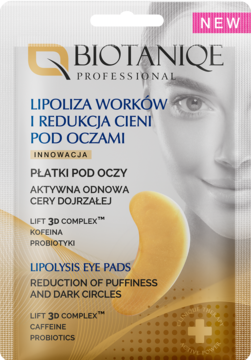 Biotaniqe Lipolysis Eye Pads w białej saszetce, redukujące opuchliznę i cienie pod oczami, widok z przodu.