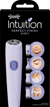 Wilkinson Intuition Perfect Finish 4-w-1, fioletowy trymer do twarzy i ciała, widok z przodu w czarnym pudełku.