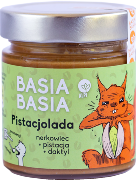 Słoik Basia Basia Pistacjolada, krem z nerkowców, pistacji i daktyli, zielona etykieta z wiewiórką, widok z przodu.
