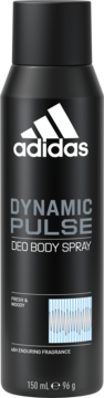 Czarny dezodorant adidas Dynamic Pulse, 150ml, z białym logo i świeżym drzewnym zapachem, widok z przodu.