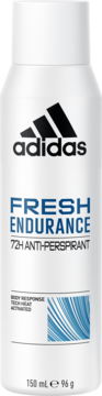 Biały antyperspirant Adidas Fresh Endurance w sprayu, 72H anti-perspirant, z niebieskimi napisami i logo na froncie.