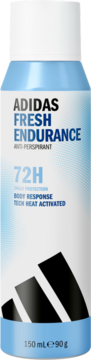 Adidas Fresh Endurance antyperspirant 72h, biało-niebieski spray z technologią Smart Body Response, widok z przodu.