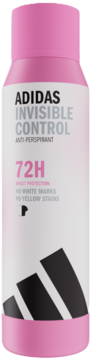 Pinkowo-biały antyperspirant Adidas Invisible Control w sprayu, 72H ochrona, bez białych i żółtych plam, widok z przodu.