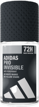 Adidas PRO Invisible antyperspirant w kulce 72H, przezroczysta butelka z czarną etykietą, widok z przodu.