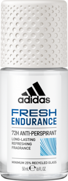 Adidas Fresh Endurance 72H anti-perspirant roll-on w szklanej butelce z recyklingu, widok z przodu.