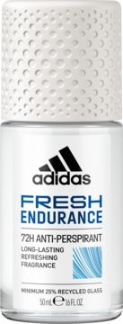 Adidas Fresh Endurance 72H anti-perspirant roll-on w szklanej butelce z recyklingu, widok z przodu.