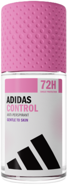 Antyperspirant Adidas Control w przezroczystej butelce z różową, kropkowaną zakrętką, napis 72H i logo.