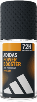 Antyperspirant Adidas Power Booster 72H Ultra Dry w kulce, butelka z teksturowanym korkiem, czarno-pomarańczowa etykieta, widok z przodu.