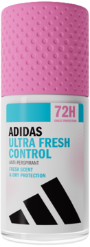 Antyperspirant Adidas Ultra Fresh Control, 72h, w białej butelce z różową nakrętką w kropki, widok z przodu. Świeży zapach.