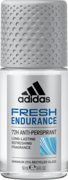 Antyperspirant Adidas Fresh Endurance 72H roll-on, biała butelka ze srebrnym, teksturowanym wieczkiem.
