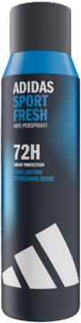 Adidas Sport Fresh, męski antyperspirant 72h o świeżym zapachu cytryny w ciemnoszarym sprayu, widok z przodu.