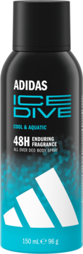 Adidas Ice Dive Cool & Aquatic dezodorant w czarnym sprayu, 150ml, z turkusowym dołem, białym logo, widok z przodu.