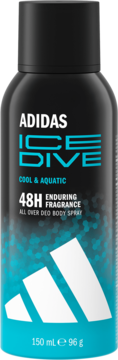 Adidas Ice Dive Cool & Aquatic dezodorant w czarnym sprayu, 150ml, z turkusowym dołem, białym logo, widok z przodu.