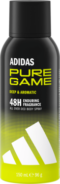 Dezodorant adidas Pure Game w czarnej puszce z zielono-białymi napisami, widok z przodu. Pojemność 150 ml.