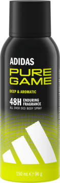 Dezodorant adidas Pure Game w czarnej puszce z zielono-białymi napisami, widok z przodu. Pojemność 150 ml.