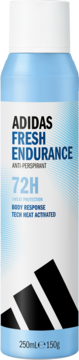 Adidas Fresh Endurance 72h damski antyperspirant w sprayu, błękitna puszka, widok z przodu, logo.