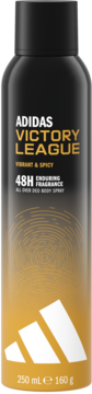 Czarny dezodorant w sprayu Adidas Victory League, 48h, 250ml, z białym logo i złotym wzorem, widok z przodu.