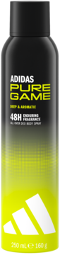 Adidas Pure Game dezodorant spray, czarna butelka z żółtym gradientem, białe logo, 48H, widok z przodu.