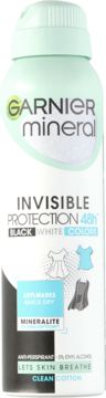 Garnier Mineral Invisible Protection 48h Clean Cotton, biały antyperspirant w aerozolu, widok z przodu.