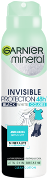 Garnier Mineral Invisible Protection 48h Clean Cotton antyperspirant spray, biała butelka, widok z przodu.