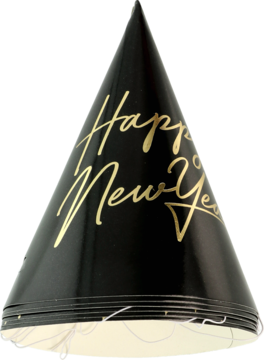 Czarna, stożkowa czapka party z białym sznurkiem, ze złotym napisem "Happy New Year", widok z przodu.