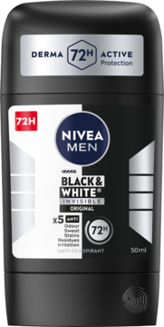 NIVEA MEN Black & White Invisible Original antyperspirant w sztyfcie, 72H ochrona, czarno-białe opakowanie.