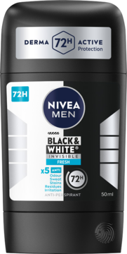 Czarny sztyft antyperspirantu NIVEA MEN Black & White Invisible Fresh 50ml, widok z przodu.