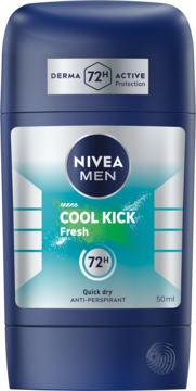 NIVEA MEN Cool Kick Fresh antyperspirant 72H, ciemnoniebieski sztyft z srebrno-niebieską etykietą, widok z przodu.