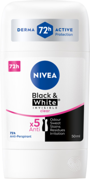 Biały antyperspirant w sztyfcie NIVEA Black & White Clear 50ml z niebieskim logo, widok z przodu, 72h ochrony.