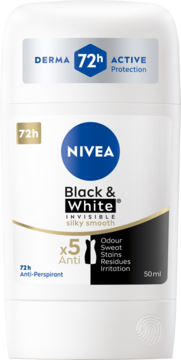 Biały sztyft antyperspirantu Nivea Black & White Invisible Silky Smooth, 72h ochrona, widok z przodu.