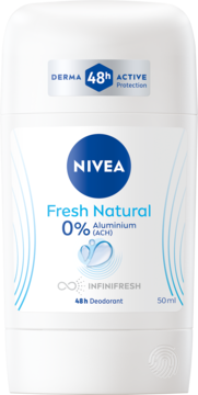 NIVEA Fresh Natural 48h dezodorant w białym sztyfcie, widok z przodu, z napisem 0% Aluminium (ACH).