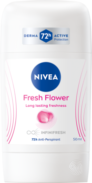 Biały sztyft antyperspirantu NIVEA Fresh Flower 72h, widok z przodu, z różowymi detalami i napisem 50ml.