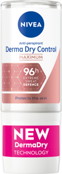Antyperspirant NIVEA Derma Dry Control roll-on, biały, z różowymi detalami, 96h ochrony. Widok z przodu.