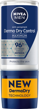 NIVEA MEN Derma Dry Control antyperspirant w kulce, niebiesko-biały, widok z przodu, z ochroną 96h.