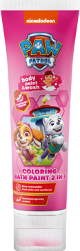 Różowa tuba Paw Patrol Coloring Bath Paint 2in1 truskawka, z postaciami Skye i Everest, widok z przodu.