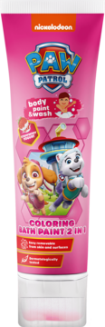 Różowa tuba Paw Patrol Coloring Bath Paint 2in1 truskawka, z postaciami Skye i Everest, widok z przodu.