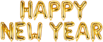 Złote foliowe balony tworzące napis "HAPPY NEW YEAR", idealne na imprezę sylwestrową.