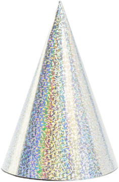 Srebrna holograficzna czapeczka imprezowa, stożkowa, z opalizującym brokatowym wzorem, widok z przodu.