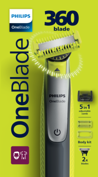 Philips OneBlade Face+Body: żółte opakowanie z trymerem, ostrzem 360, grzebieniem 5w1 i zestawem do ciała.
