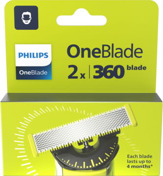 Zielone opakowanie Philips OneBlade z 2 ruchomymi ostrzami 360, widok z przodu, zbliżenie na ostrze.
