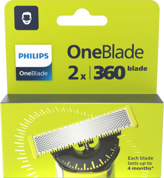 Zielone opakowanie Philips OneBlade z 2 ruchomymi ostrzami 360, widok z przodu, zbliżenie na ostrze.