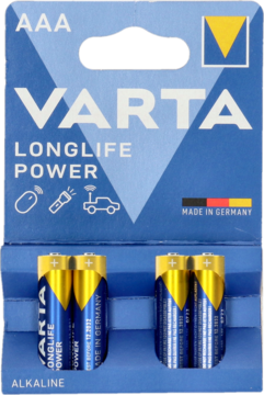 Opakowanie 4 baterii Varta Longlife Power AAA alkaline, niebieskie ze złotymi detalami, widok z przodu.
