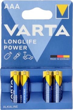 Opakowanie 4 baterii Varta Longlife Power AAA alkaline, niebieskie ze złotymi detalami, widok z przodu.